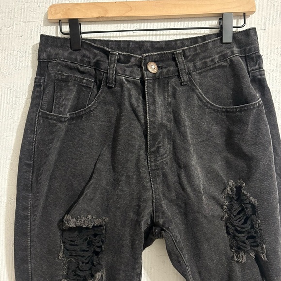 Black Charcoal Distressed High Rise Skinny Jeans 29” Waist Punk Grunge - Picture 3 of 13